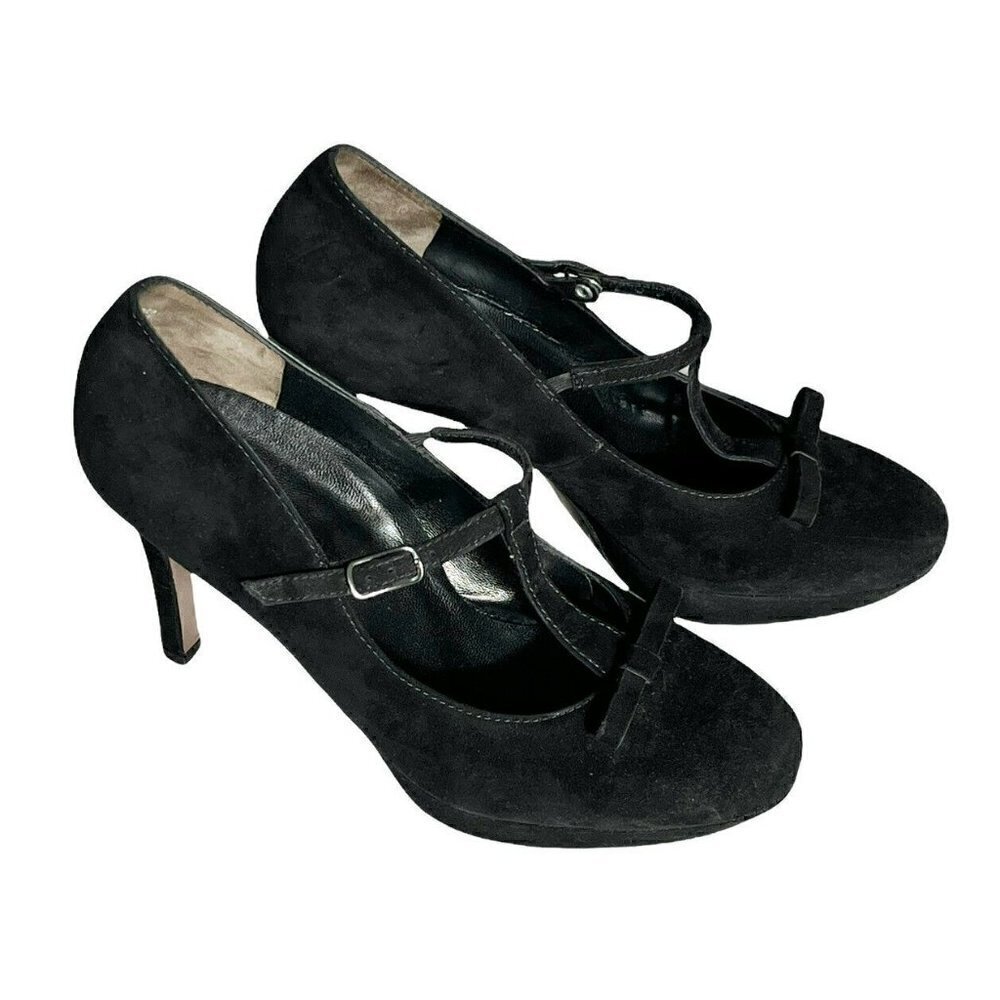 Paul Green Women UK Sz 5.5 US Sz 8 Black Suede T-Strap Bow Front Platform Heels